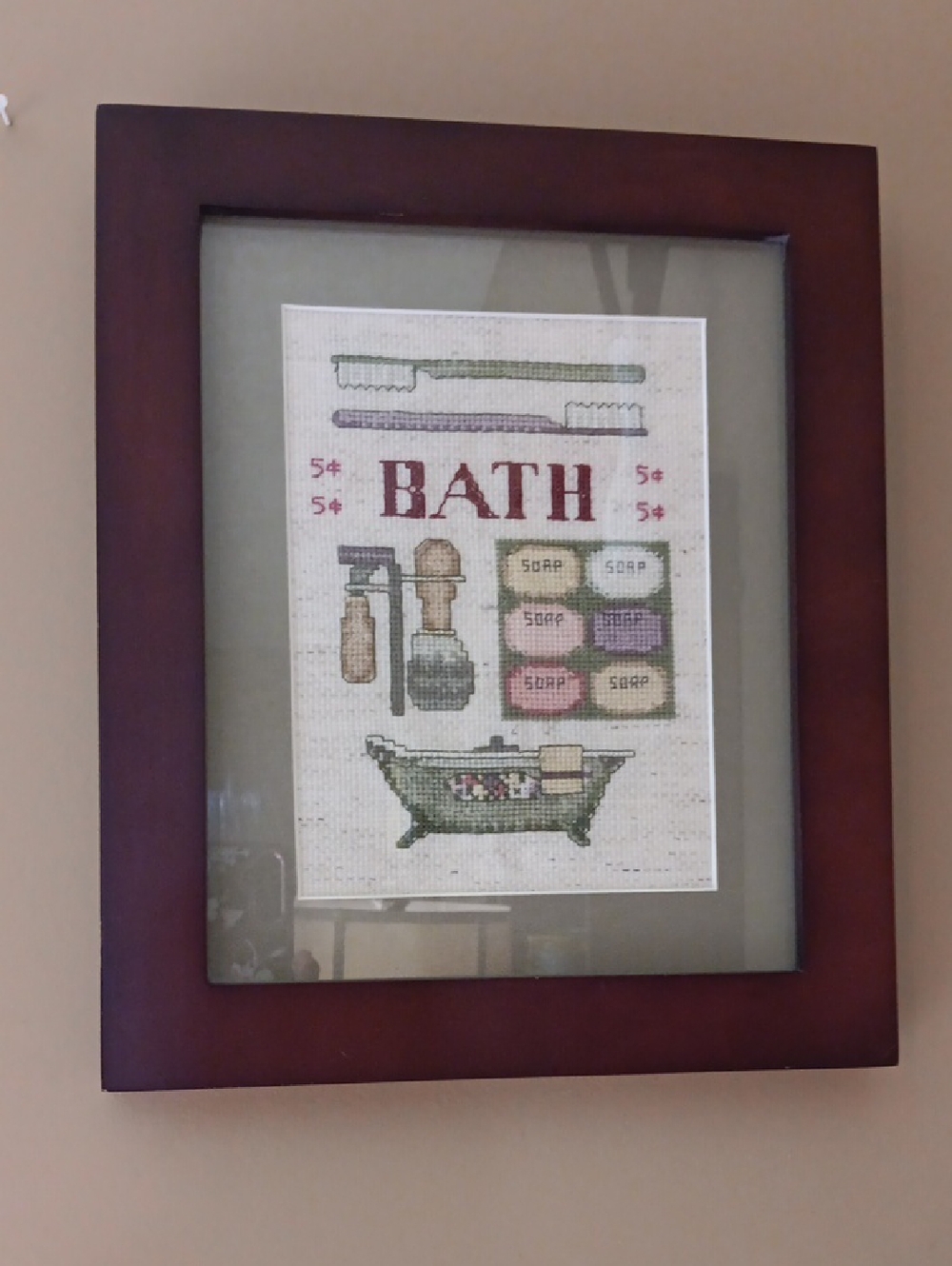 Vintage Framed Bath Cross Stitch Wall Art. 12"H X 10"W